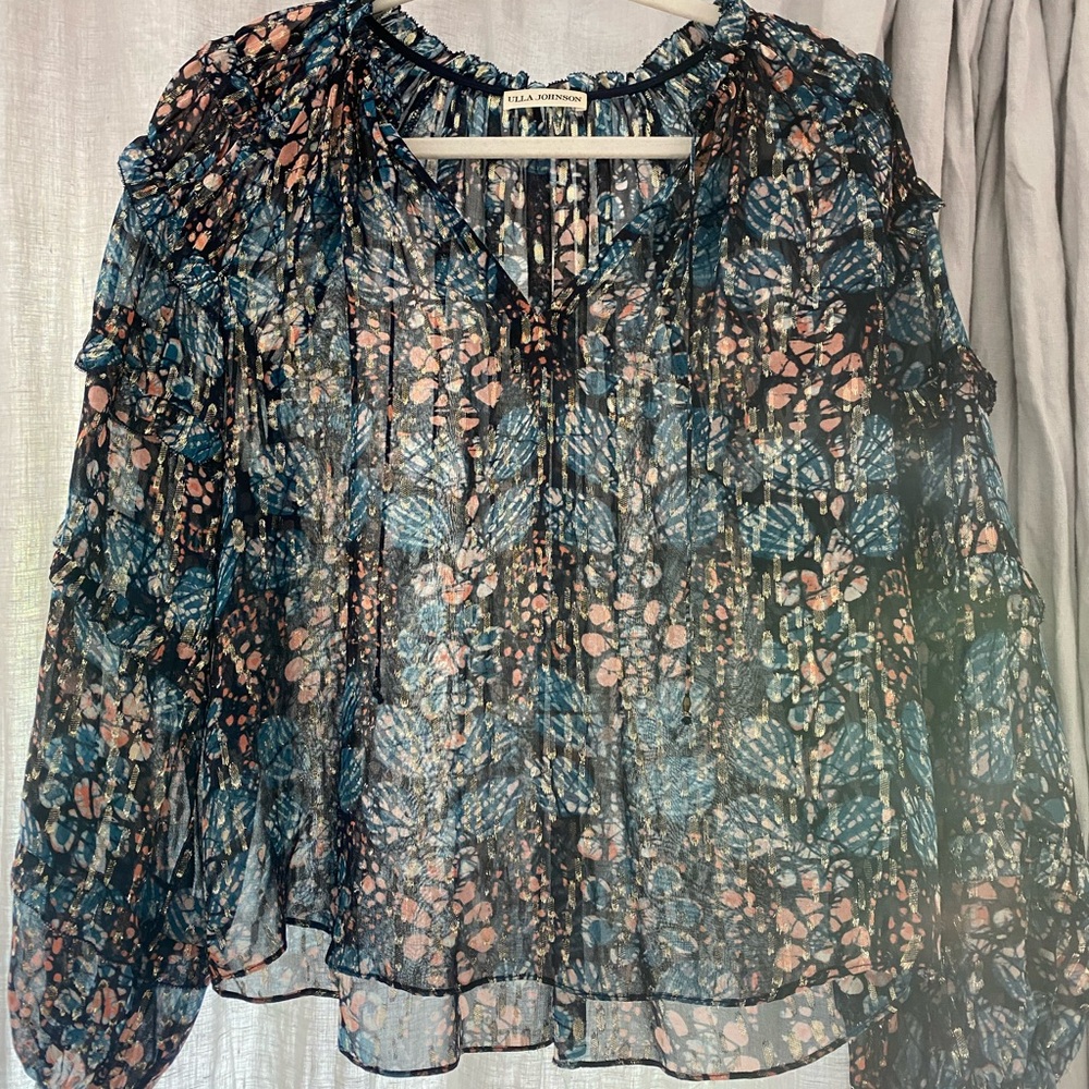 Ulla Johnson Floral Sheer Blouse - Blue and Pink